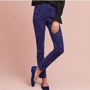 Anthropologie Essential Skinny Pants Cobalt Blue Damask Floral Side Zip Size 10